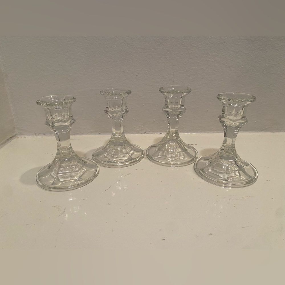Vintage Clear 4.25” Glass Candlesticks- Set of 4